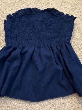 Navy Blue Smocked Ruffle Strapless Top
